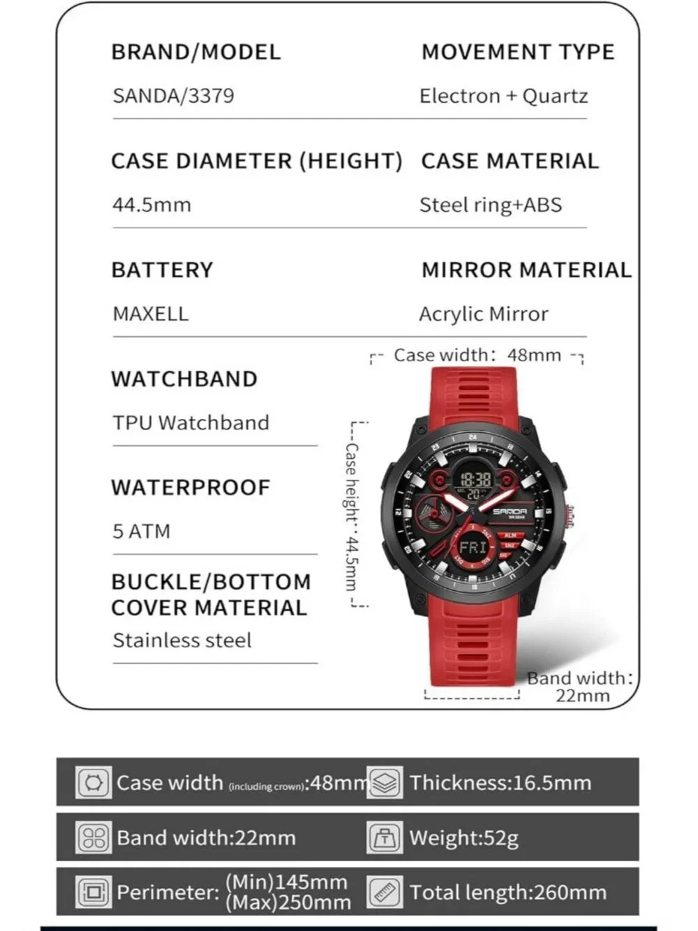 Men's Red Analog Quartz Stainless Steel Military Electronic LED Digital Watch